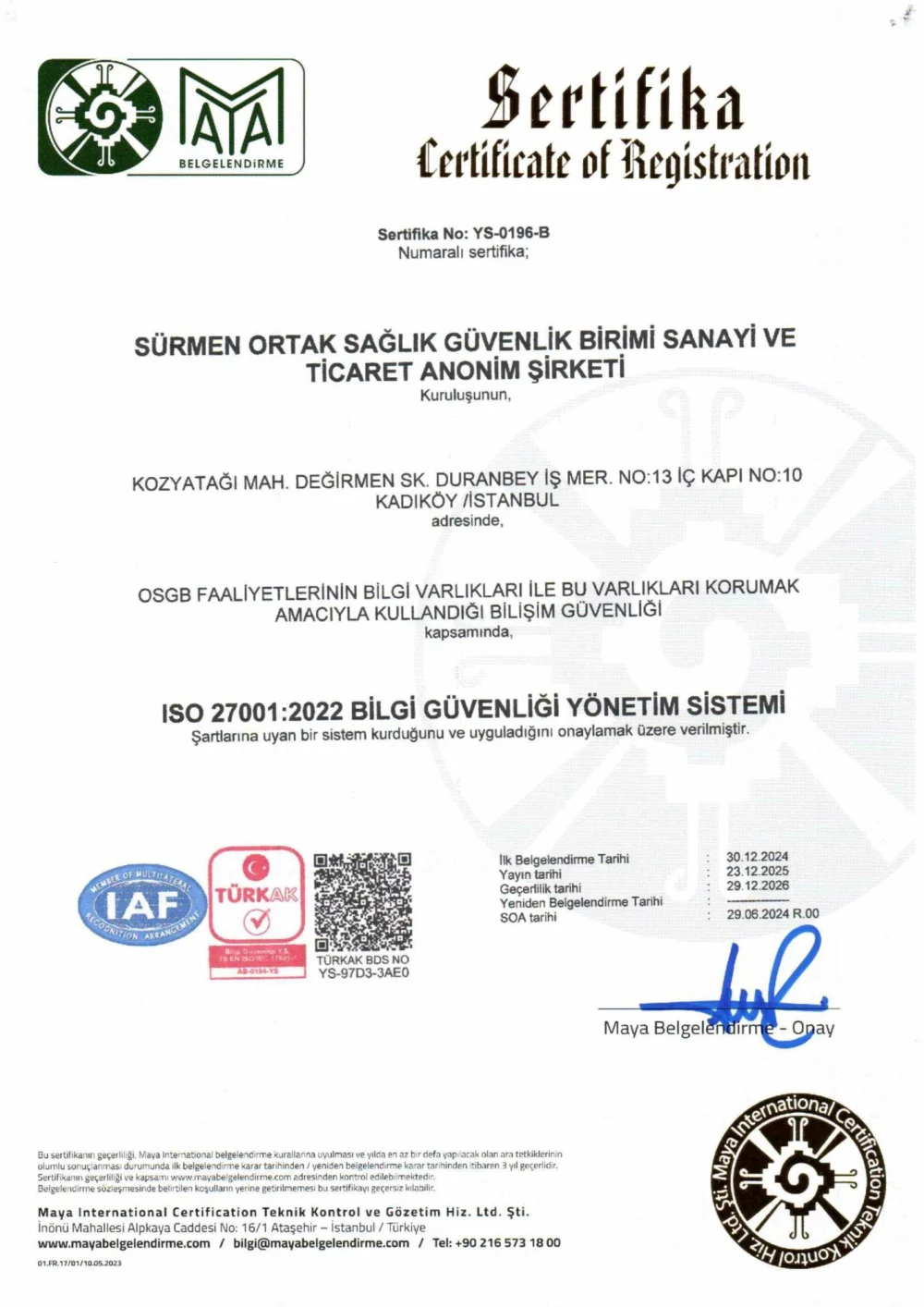 Sürmen Ortak Sağlık Güvenlik Birimi Sanayi ve Ticaret Anonim Şirketi adına düzenlenmiş ISO 27001:2022 sertifikası, belge no YS-0196-B